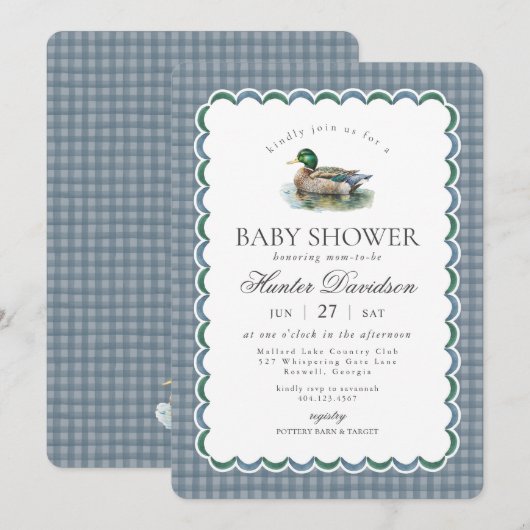 Mallard Duck Hunting Blue Gingham Boy Baby Shower 招待状 (正面/裏面)