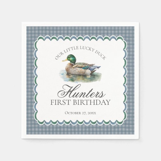 Mallard Duck Hunting Blue Gingham Boy Birthday スタンダードカクテルナプキン (正面)