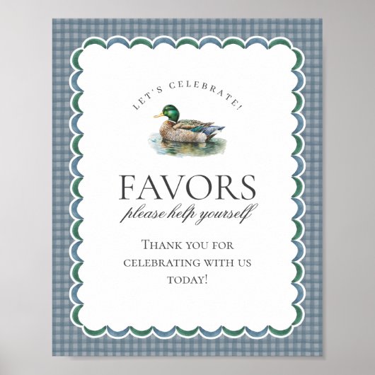 Mallard Duck Hunting Blue Gingham Favors Sign ポスター (正面)