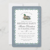 Mallard Duck Hunting Blue Gingham First Birthday 招待状 (正面)