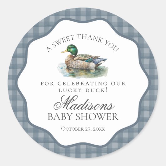 Mallard Duck Hunting Gingham Baby Shower Circle ラウンドシール (正面)