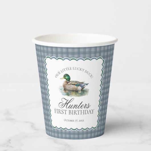 Mallard Duck Hunting Gingham Boy Birthday 紙コップ (正面)