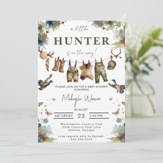 Mallard Duck Hunting Hunter Clothes Baby Shower 招待状 (スタンド正面)