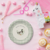 Mallard Duck Sage Green Gingham Baby Shower ペーパープレート (パーティー)