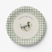 Mallard Duck Sage Green Gingham Baby Shower ペーパープレート (正面)