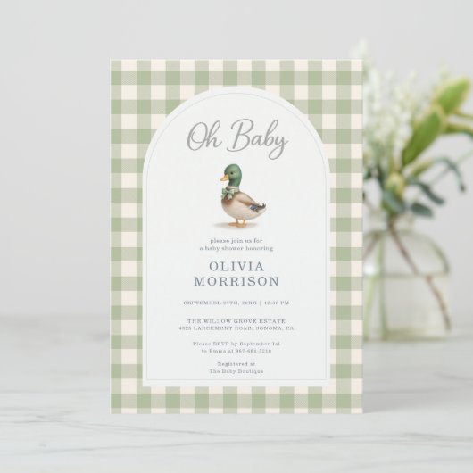 Mallard Duck Sage Green Gingham Baby Shower 招待状 (スタンド正面)