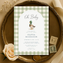 Mallard Duck Sage Green Gingham Baby Shower 招待状