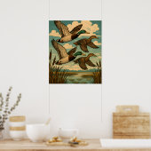 Mallard Ducks in Flight Wildlife Art ポスター (キッチン)