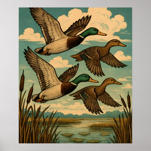 Mallard Ducks in Flight Wildlife Art ポスター (正面)