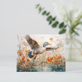 Mallard flying above pond with flowers シーズンポストカード (スタンド正面)