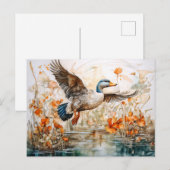 Mallard flying above pond with flowers シーズンポストカード (正面/裏面)