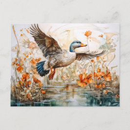 Mallard flying above pond with flowers シーズンポストカード