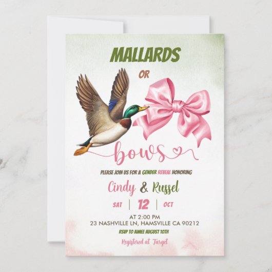 Mallard or bows Gender reveal 招待状 (正面)