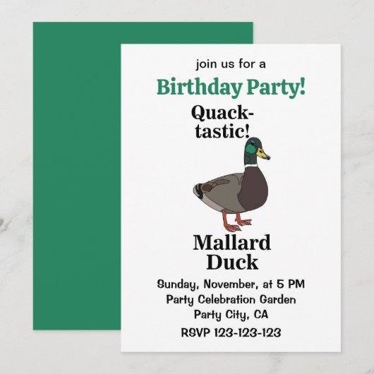Mallard Quack-Tastic Duck Birthday Party 招待状 (正面/裏面)