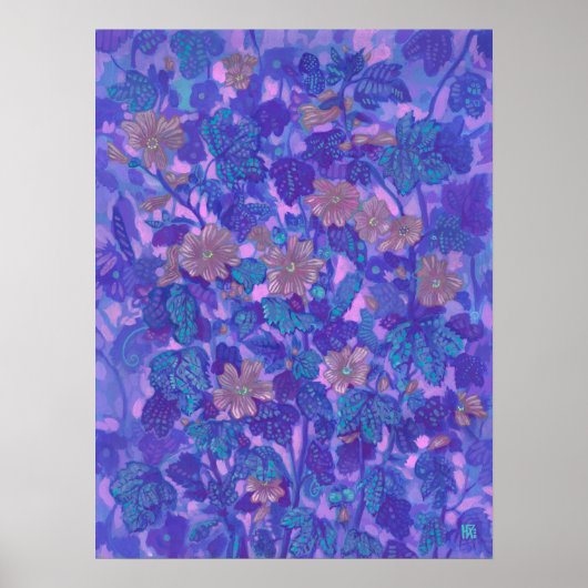 Mallow Bloom, Malva Flowers Floral Painting Purple ポスター (正面)