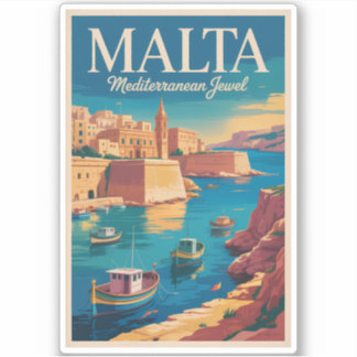 Malta Coast Illustration Travel Art Vintage シール
