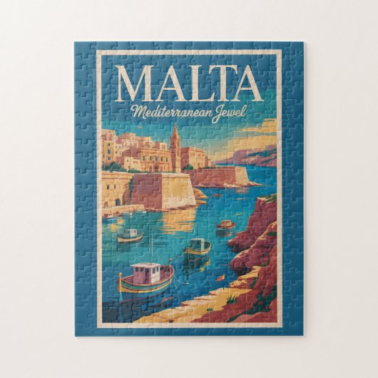 Malta Coast Illustration Travel Art Vintage ジグソーパズル (縦)