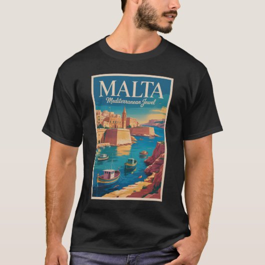 Malta Coast Illustration Travel Art Vintage Tシャツ (正面)