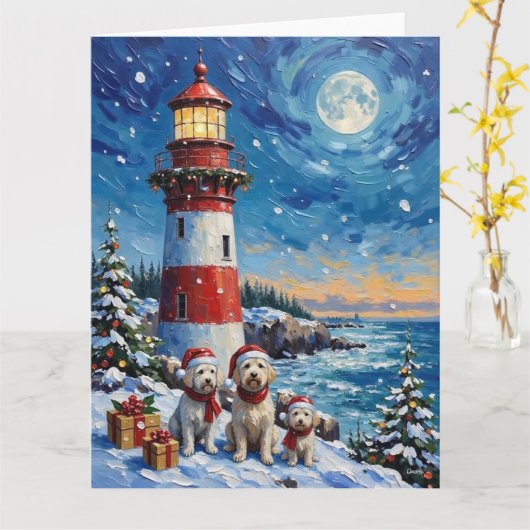 Maltese Christmas Lighthouse Holiday カード (黄色い花)