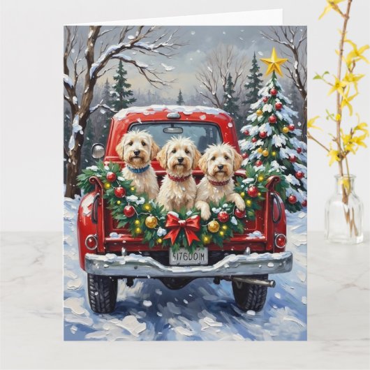 Maltese Christmas Red Truck Holiday カード (黄色い花)