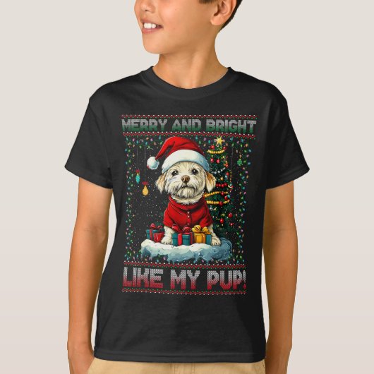 Maltese Christmas Tree Lights Decorations Dog Love Tシャツ (正面)