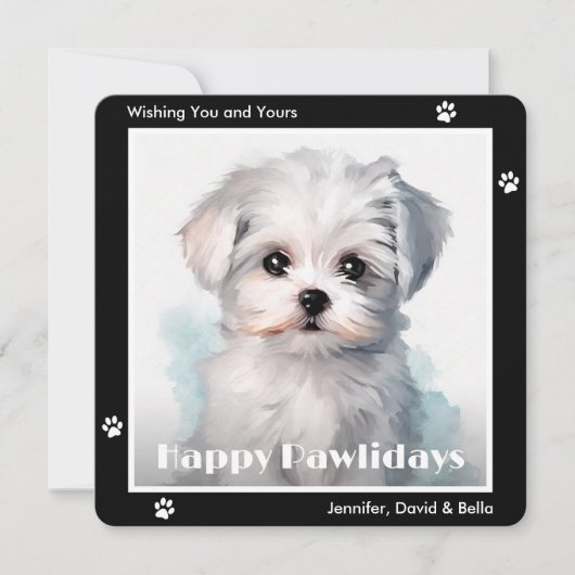 Maltese Dog Black Watercolor Christmas シーズンカード (正面)