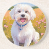 Maltese Dog Flower Field Painting コースター (正面)