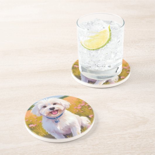 Maltese Dog Flower Field Painting コースター (側面)