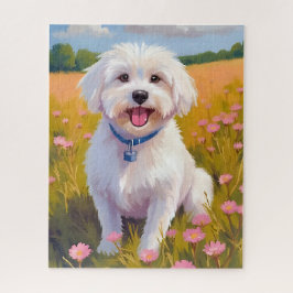 Maltese Dog Flower Field Painting ジグソーパズル