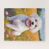 Maltese Dog Flower Field Painting ジグソーパズル (横)