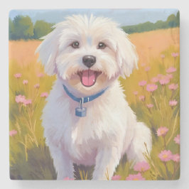 Maltese Dog Flower Field Painting ストーンコースター