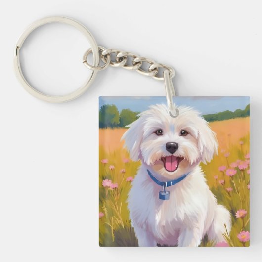 Maltese Dog | Flower Field Pet Painting キーホルダー (正面)