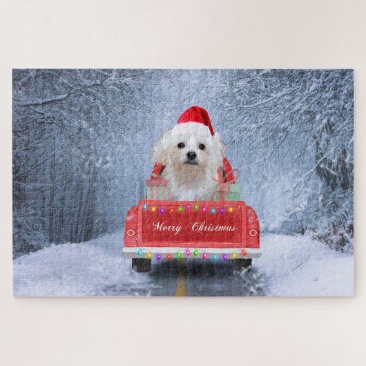 Maltese Dog in Snow sitting in Christmas Truck ジグソーパズル (横)
