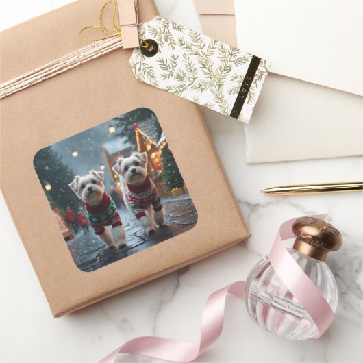 Maltese Dogs Christmas Snow Holiday スクエアシール (ギフト)