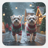 Maltese Dogs Christmas Snow Holiday スクエアシール (正面)