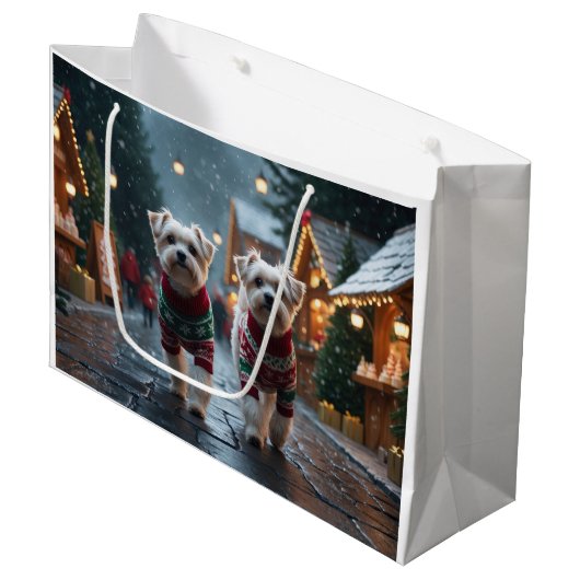 Maltese Dogs Christmas Snow Holiday ラージペーパーバッグ (正面アングル)