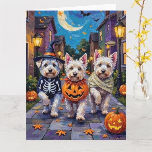 Maltese Dogs Trick-or-Treating Halloween Costumes カード (黄色い花)