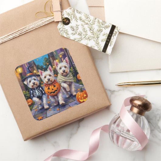 Maltese Dogs Trick-or-Treating Halloween Costumes スクエアシール (ギフト)