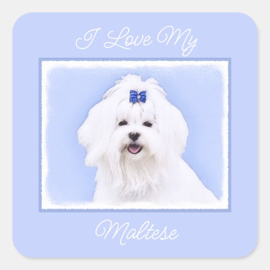 Maltese Painting - Cute Original Dog Art Square St スクエアシール (正面)