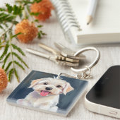 Maltese Puppy | White Dog Painting キーホルダー (正面右)