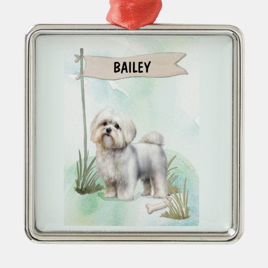 Maltese Watercolor Personalized Dog メタルオーナメント (正面)