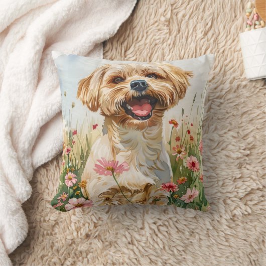 Maltese Watercolor Throw Pillow クッション (ブランケット)