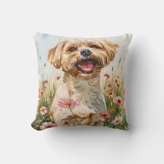 Maltese Watercolor Throw Pillow クッション (正面)