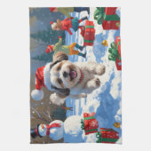 Malti Tzu走 Christmas Hatで雪の中 キッチンタオル (縦)