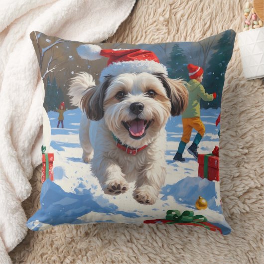 Malti Tzu走 Christmas Hatで雪の中 クッション (ブランケット)