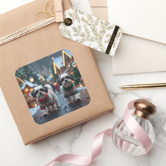 Malti Tzu Dogs Christmas Snow Holiday スクエアシール (ギフト)