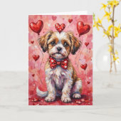 Malti Tzu Valentine Dog Sitting with Hearts Red カード (黄色い花)