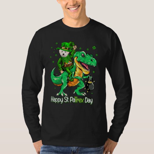 Maltipoo Riding Dinosaur Patricks Day Shamrock Tシャツ (正面)