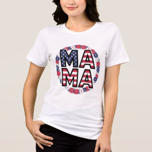 MAMAタイポグラフィとアメリカ国旗のフローラリース トライブレンドTシャツ