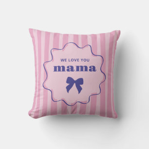 Mama ピンクストライプのウェーブフレームとおしゃれなリボン クッション